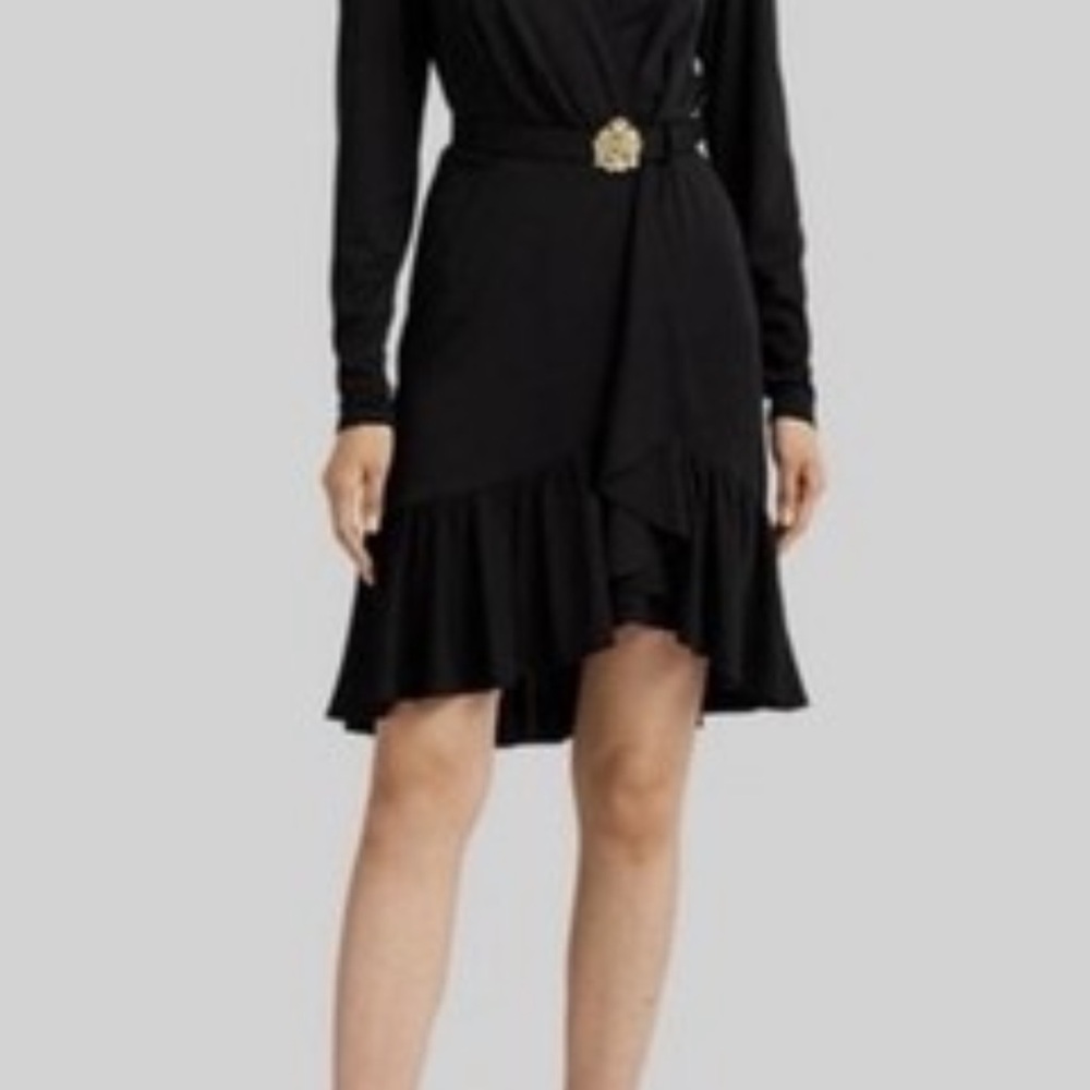 NWT Lauren Ralph Lauren Black Surplice Dress Size 8 Elegant Ruffle Hem